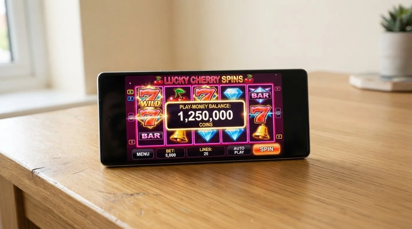 A mobile phone showing a colourful free-play pokies screen with a large play-money balance and no deposit button visible