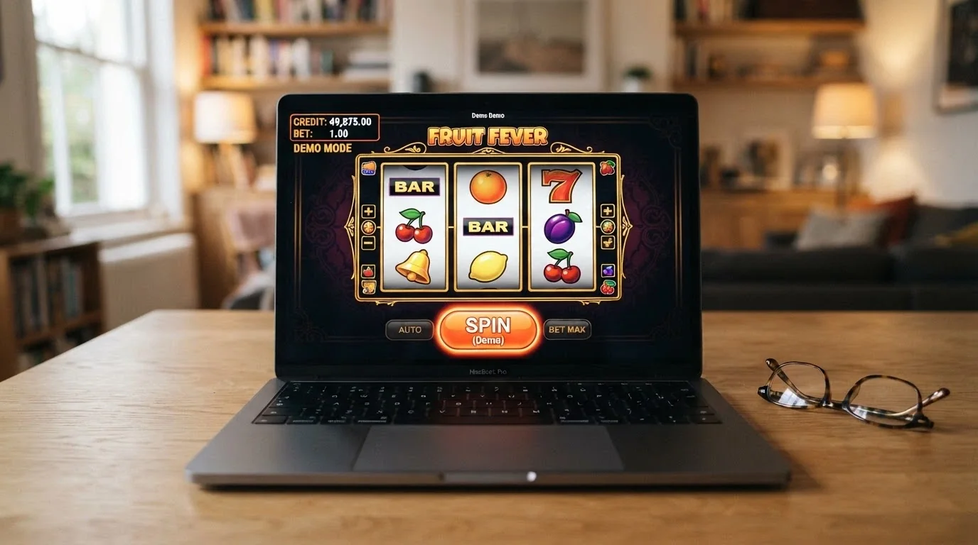 3-reel pokie in demo mode with a play-money balance counter and the spin button highlighted