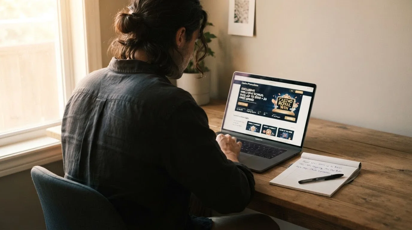 A player looking at a casino promotions page on a laptop with a notepad beside them, weighing the terms before clicking