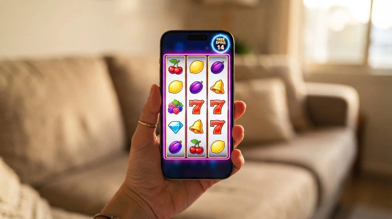 A row of pokies reels mid-spin on a mobile screen, with a free-spins counter visible in the corner