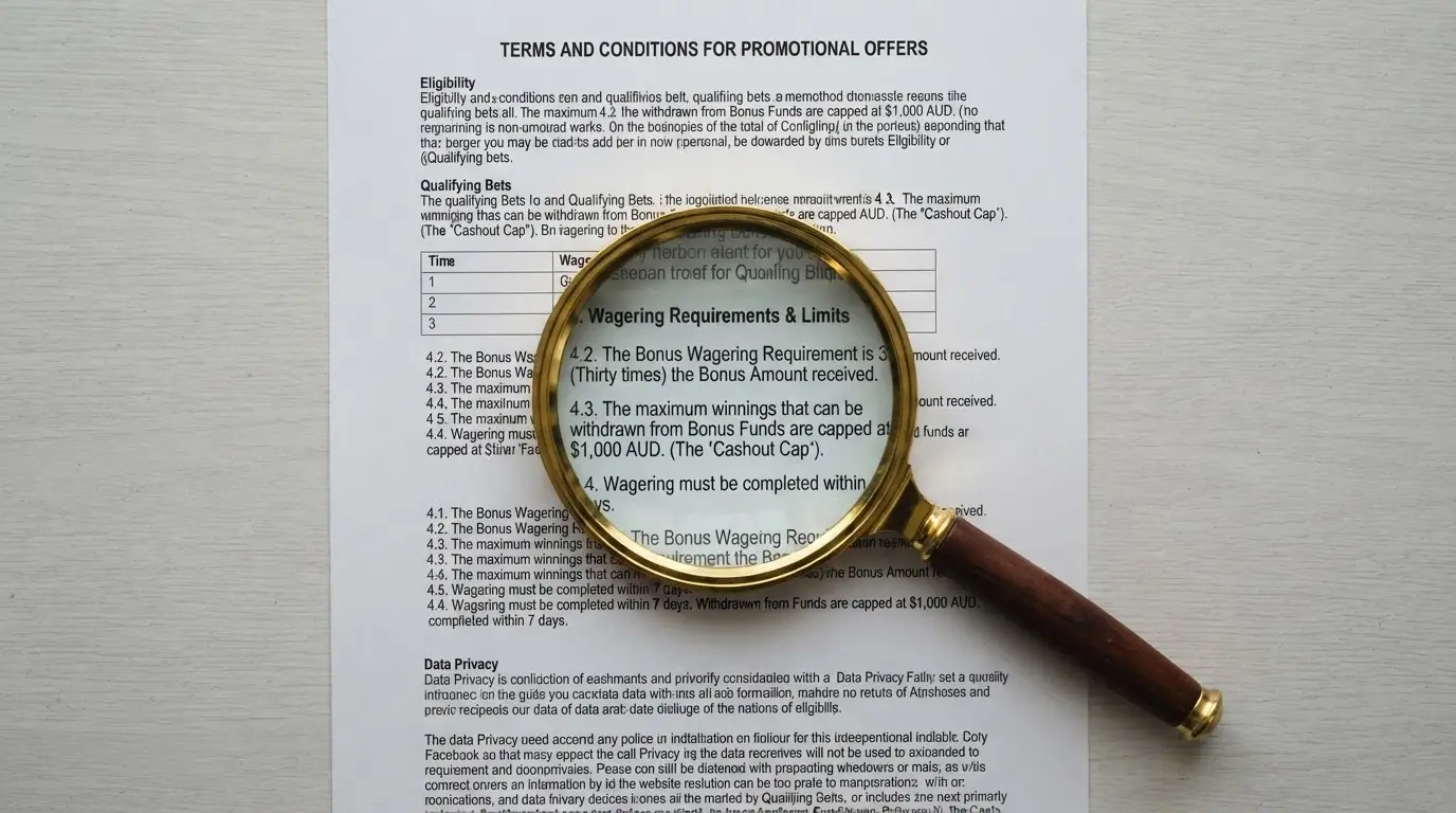 A close-up of bonus terms and conditions printed on a document, with a magnifying glass highlighting the wagering multiple and max cashout figures