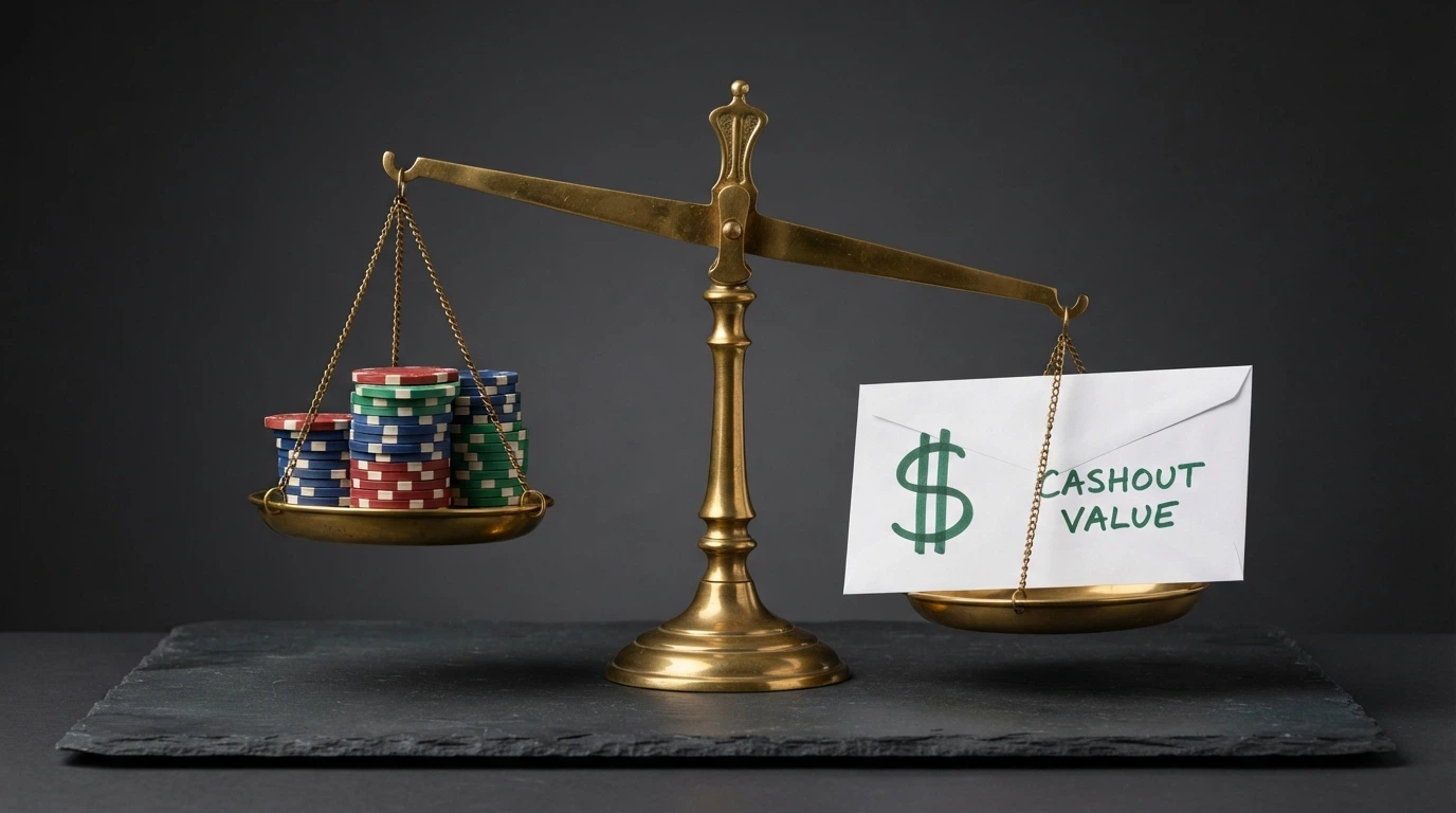 A balance scale with free-spin tokens stacked on one side and a cashout envelope on the other, the envelope side resting heavier