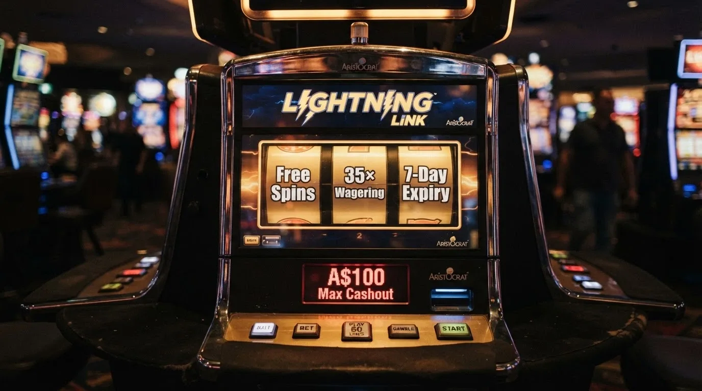 A slot-machine reel set with text labels replacing the symbols: one reel reads “Free Spins”, the next “35× Wagering”, the next “7-Day Expiry”, the final “A$100 Max Cashout” — showing the terms that sit behind the free-spin count