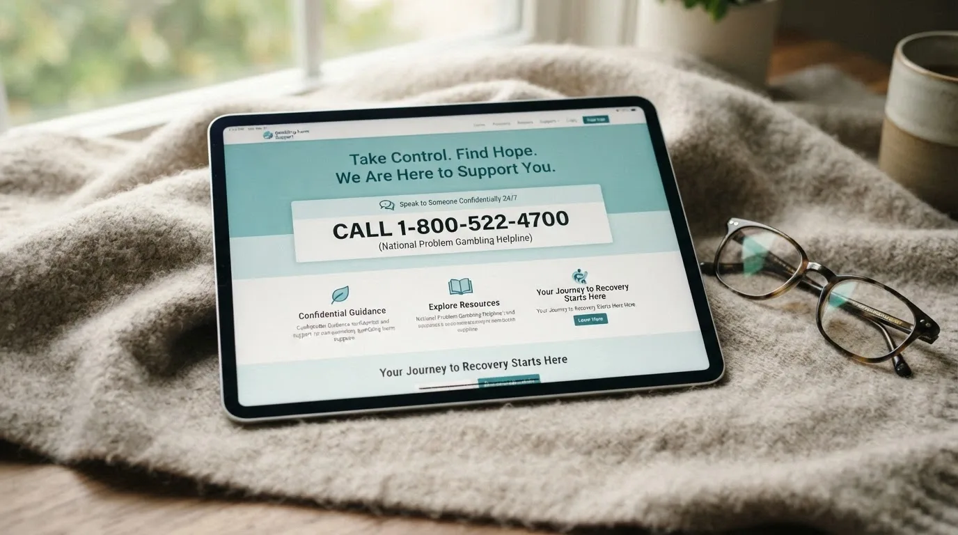 The Gambling Help Online homepage and National Gambling Helpline 1800 858 858 displayed on screen