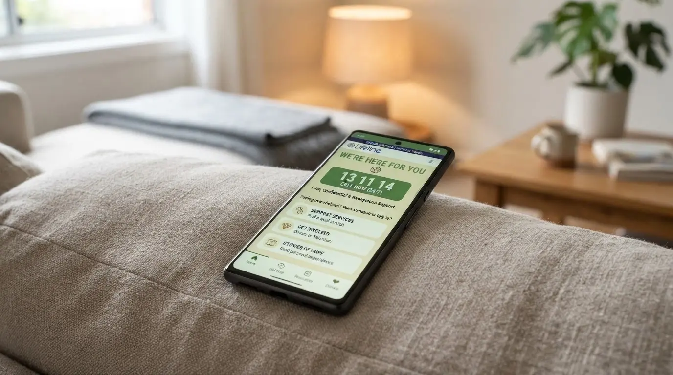 A phone screen displaying the Gambling Help Online homepage and the 1800 858 858 helpline number, warm and accessible design