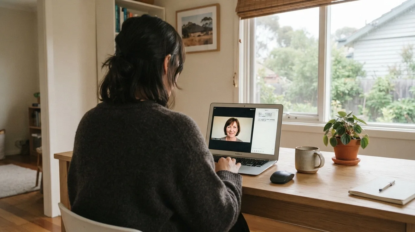 A person at a desk on a video call with a counsellor, the Gambling Help Online logo visible on the screen.