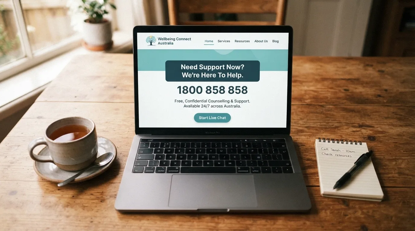The Gambling Help Online homepage open on a laptop screen with the 1800 858 858 helpline number displayed prominently