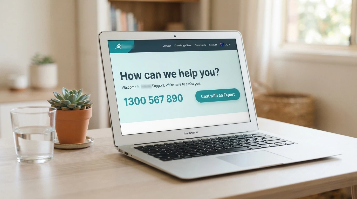 The Gambling Help Online homepage on a laptop screen, with the 1800 858 858 helpline number and live-chat button prominently displayed