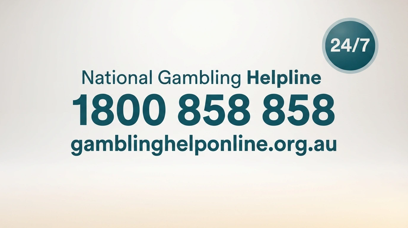 A clean, supportive graphic showing the National Gambling Helpline number 1800 858 858 and the Gambling Help Online URL, with a 24/7 badge