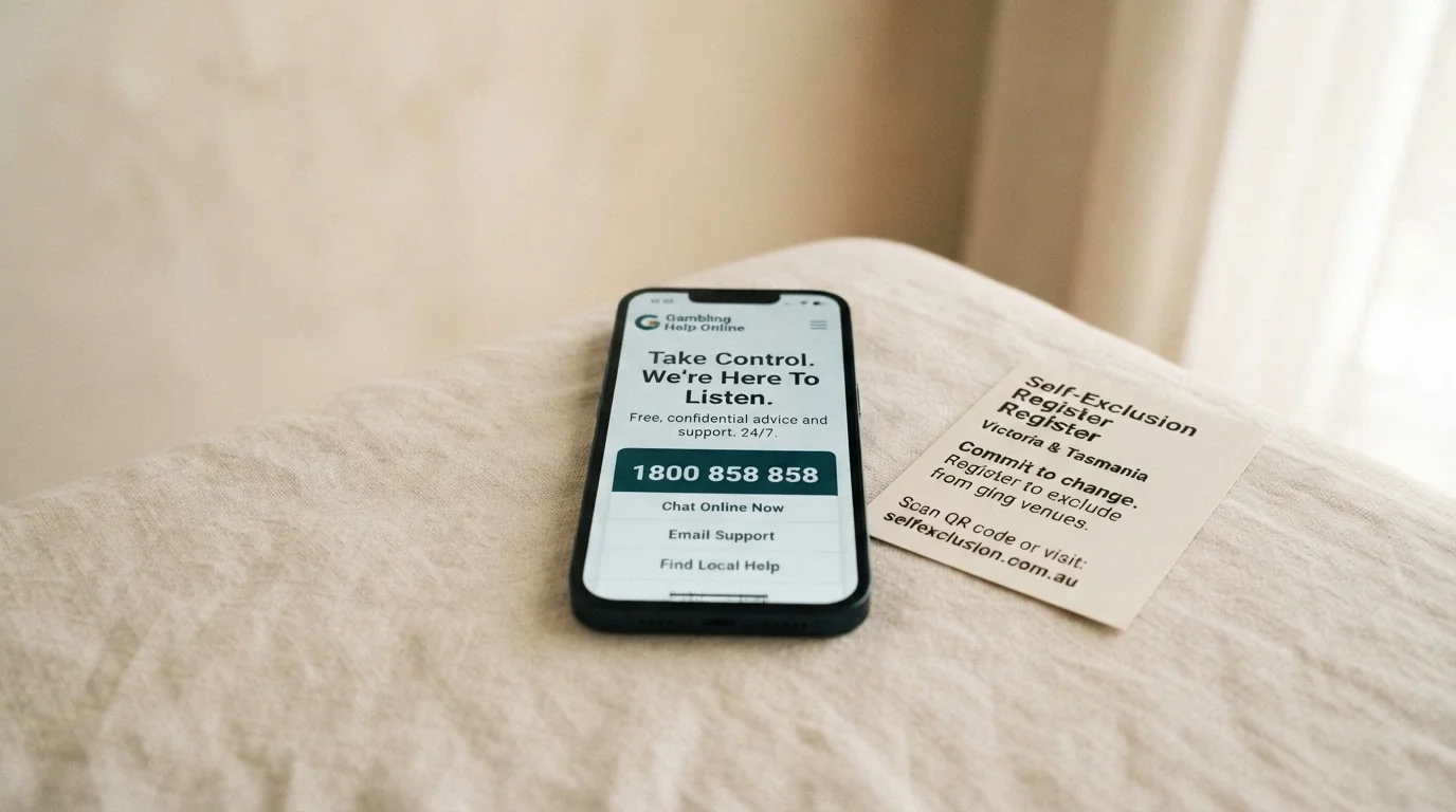 A clean, calm composition showing a smartphone screen with the Gambling Help Online homepage and the National Gambling Helpline number 1800 858 858 displayed prominently, with a BetStop logo beside it.