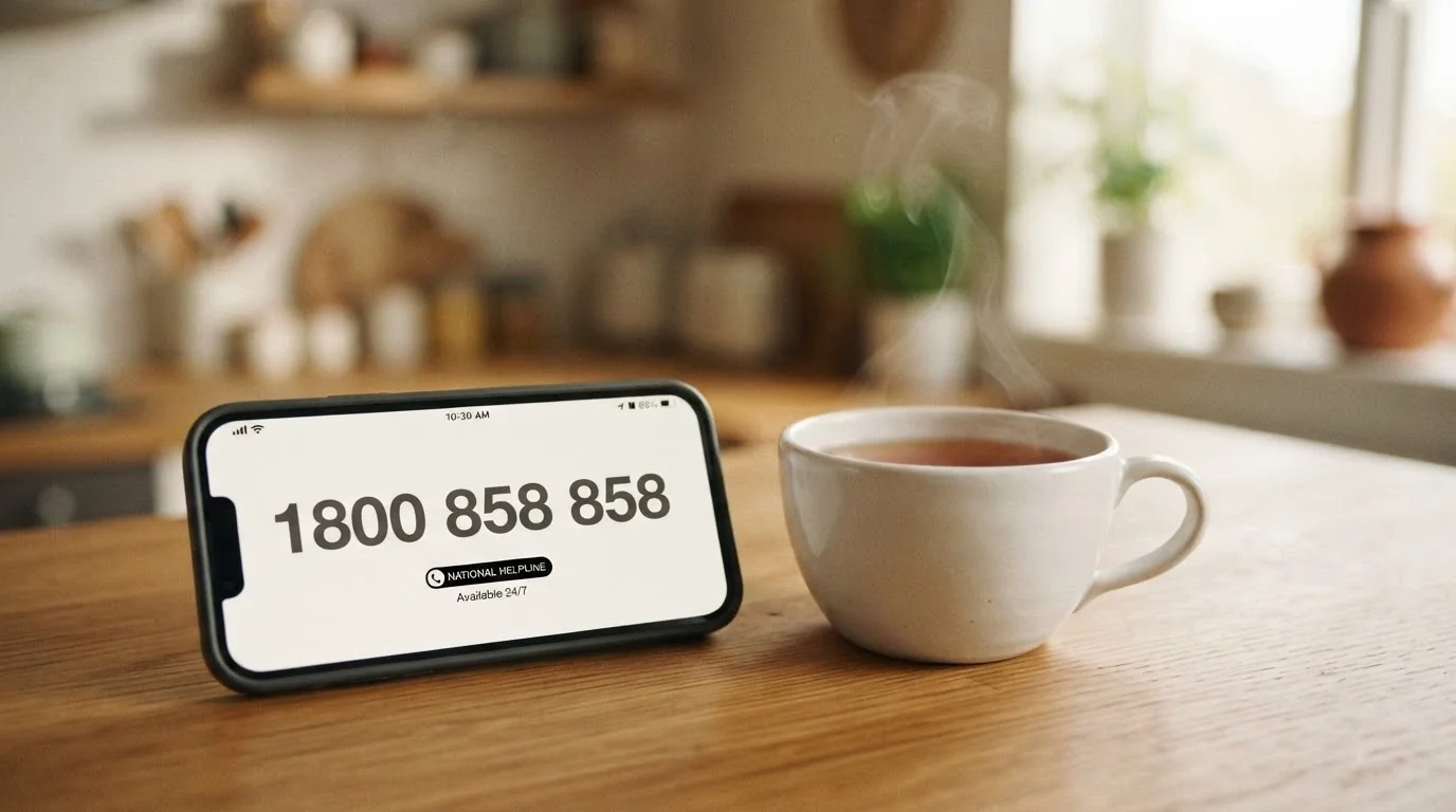 A mobile phone resting on a table beside a cup of tea, the screen showing the 1800 858 858 helpline number