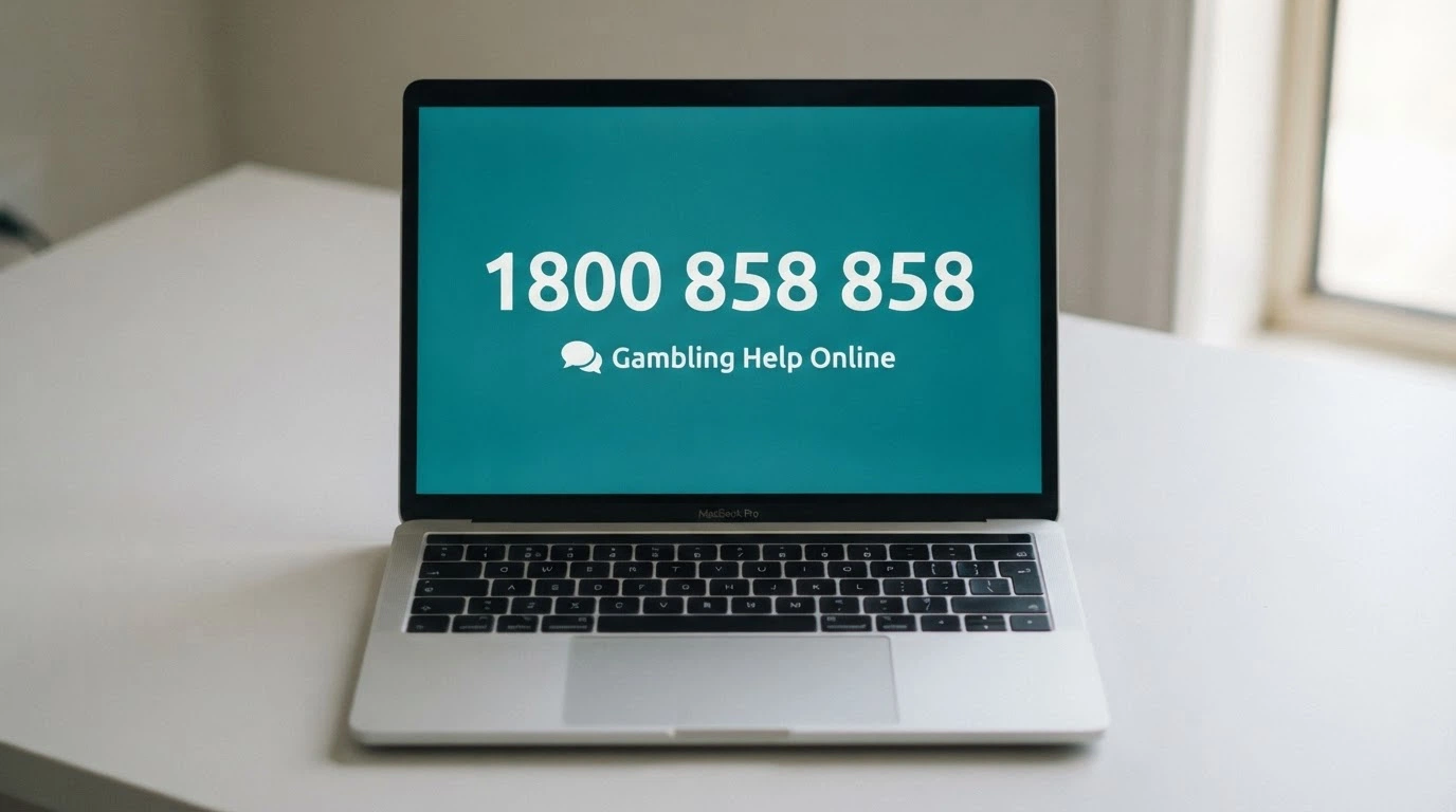 The National Gambling Helpline number displayed prominently alongside a Gambling Help Online chat window on a screen
