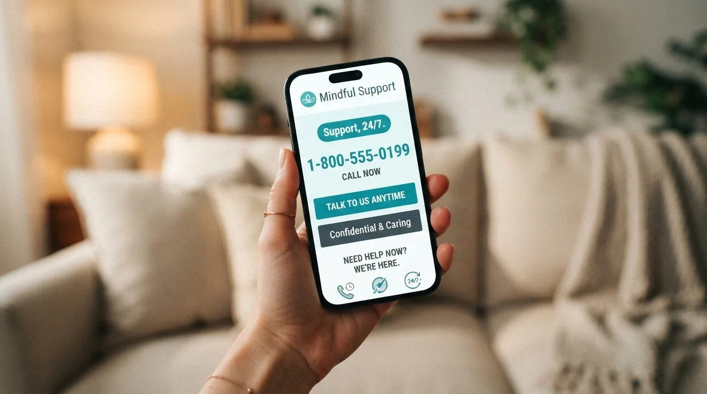 A mobile phone screen showing the Gambling Help Online homepage with the 1800 858 858 number prominently displayed and the 24/7 badge visible