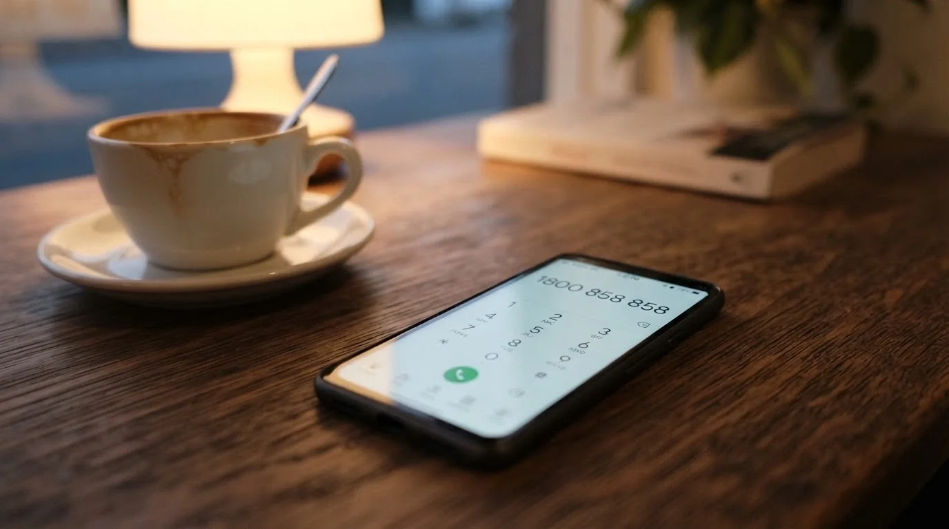 A close-up of a smartphone keypad with 1800 858 858 partially entered, resting on a wooden table beside a cup of coffee