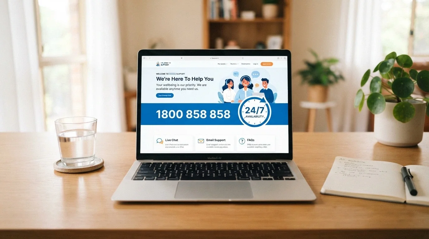 A clean well-lit frame showing the Gambling Help Online website homepage on a laptop, with the 1800 858 858 helpline number prominent and the 24/7 badge visible