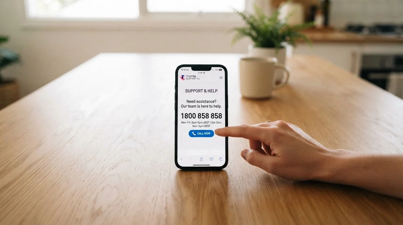 A phone screen showing the Gambling Help Online homepage with “1800 858 858 — free, confidential, 24/7” prominent, a hand about to tap the call button