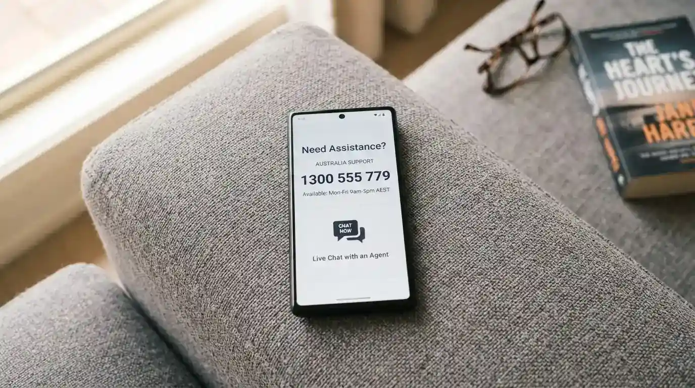 A smartphone showing the Gambling Help Online homepage with the 1800 858 858 number prominent on screen