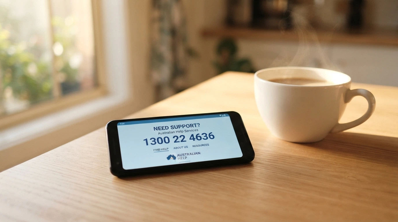 A smartphone showing the Gambling Help Online homepage with the 1800 858 858 number prominent, a cup of coffee beside it on a kitchen table in soft morning light