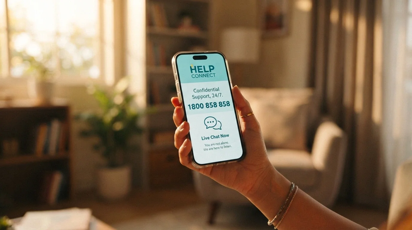 A close-up of a smartphone showing the Gambling Help Online homepage with the 1800 858 858 number prominent, warm lighting