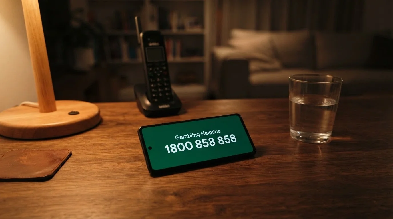 Phone keypad with 1800 858 858 — the National Gambling Helpline number — displayed prominently