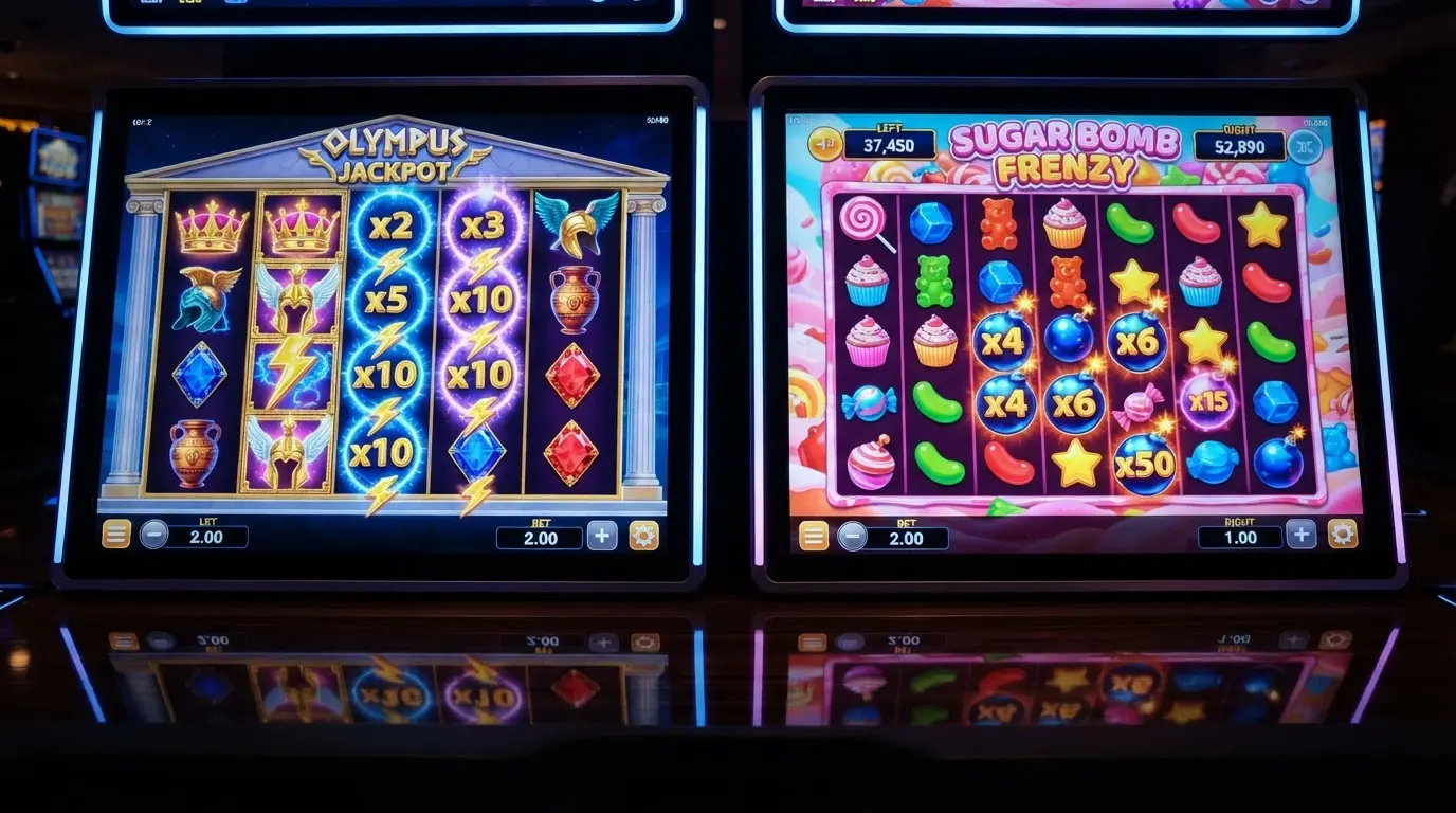The Gates of Olympus and Sweet Bonanza slot reels side by side, showing the 6×5 grid layout, scatter-pay symbols and multiplier animations
