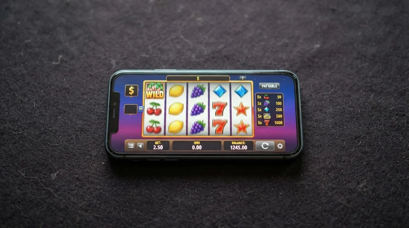 A close-up of a phone screen running a pokie in landscape mode, reels mid-spin with the game's paytable visible