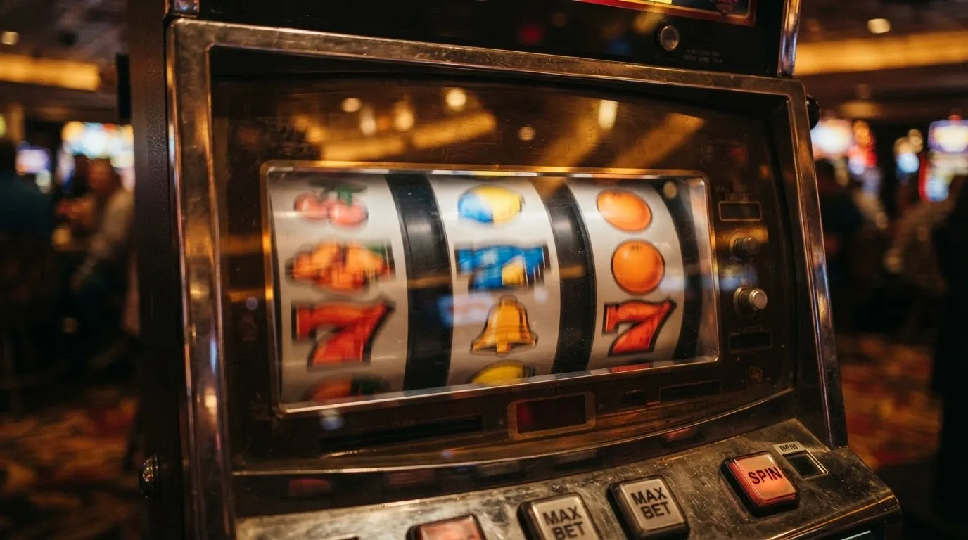 Close-up of spinning pokie reels with an RTP percentage overlay and loyalty points counter