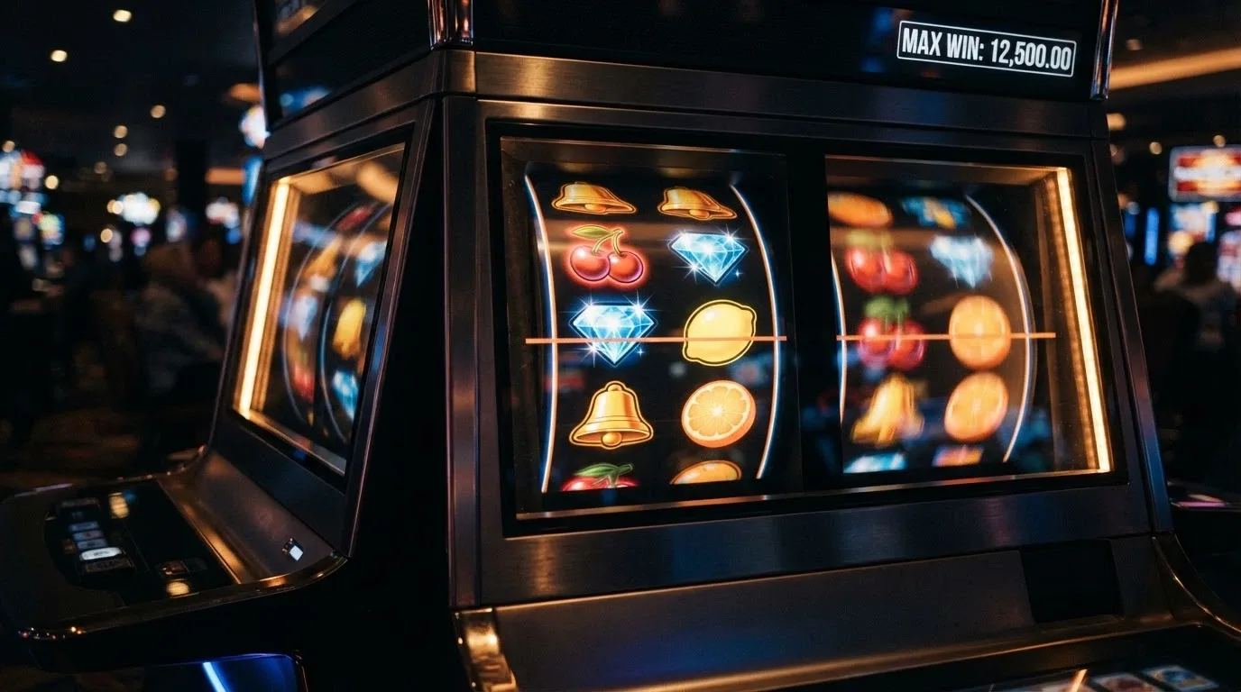 A close-up of slot reels from multiple popular high-RTP titles with vibrant symbols and a max-win counter in the corner