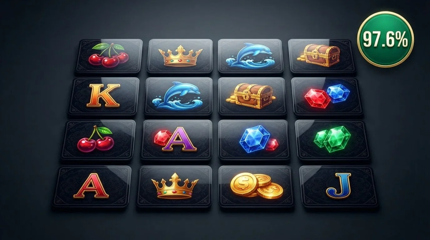 A selection of 1Spin4Win slot title cards arranged by RTP, with a 97.6% badge prominent on the leading titles
