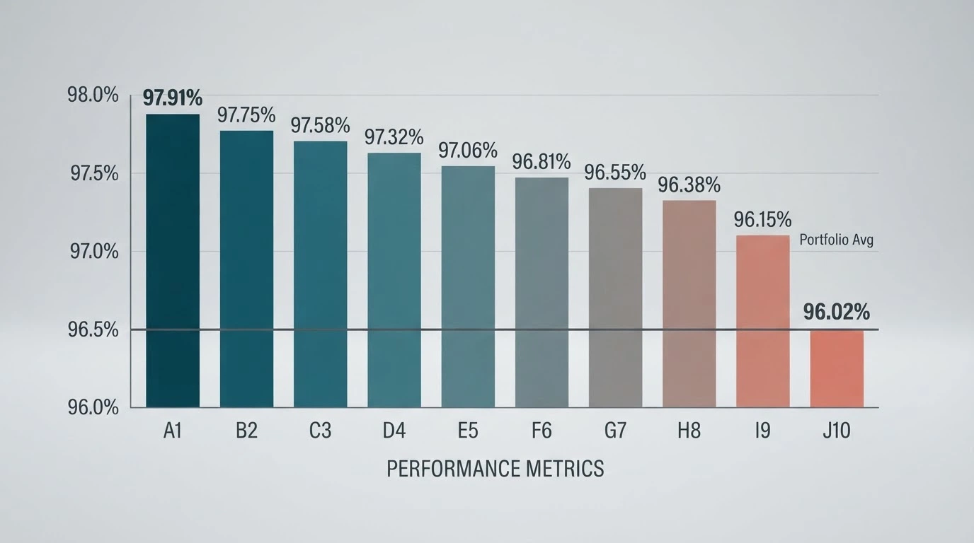 A bar chart comparing the RTP percentages of ten Betsoft slot titles, with the highest bar at 97.91% (The Slotfather JP) and the lowest at 96.02%