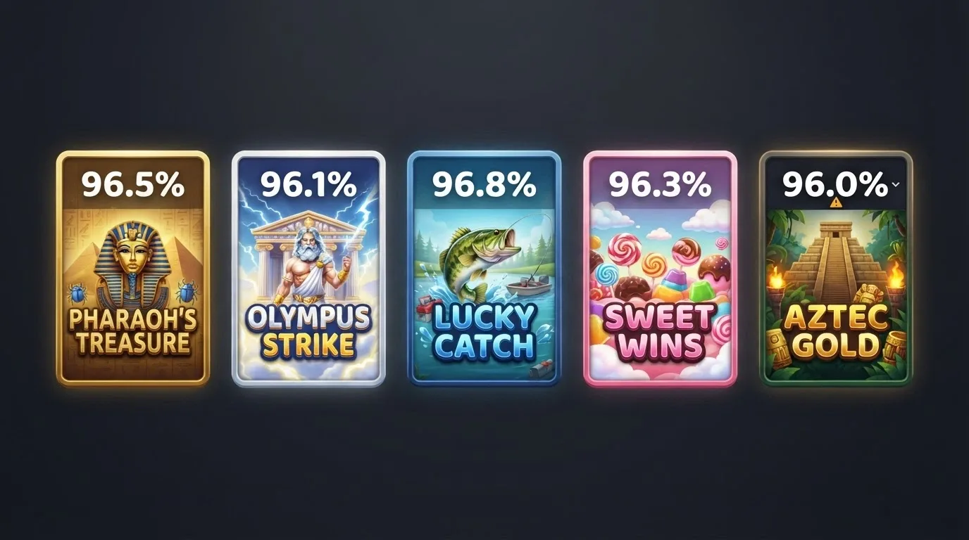 A grid of five popular pokie title cards — Book of Dead, Gates of Olympus, Big Bass Bonanza, Sweet Bonanza, Aztec Clusters — each showing its RTP percentage in a large callout and a small warning icon next to Book of Dead with a dropdown listing its lower-RTP variants.