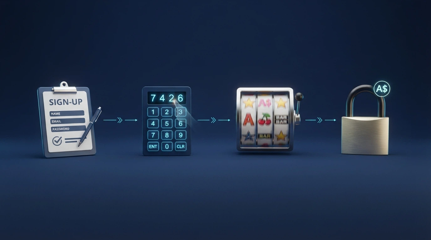 A flowchart-style visual showing the steps from sign-up through code entry, wagering and a withdrawal attempt, with a lock icon on the final step