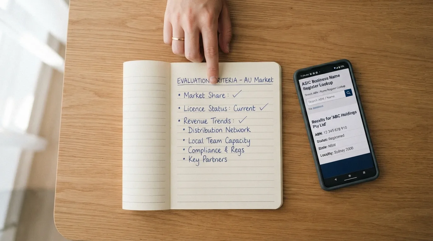A desk view with a notepad showing evaluation criteria (market share, licence status, revenue) next to a phone displaying the ACMA register
