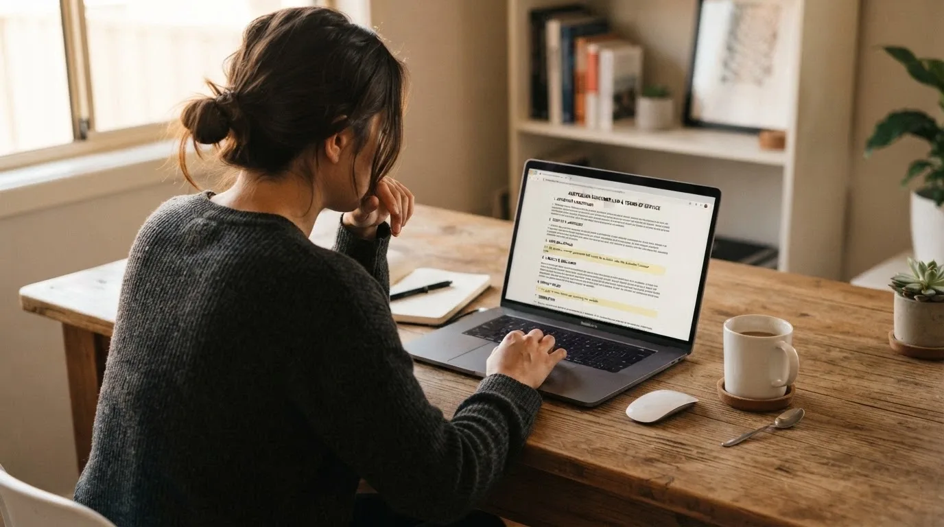 A person sitting at a laptop with a considered expression, a cup of coffee beside them, the screen showing a casino terms-and-conditions page with key clauses highlighted