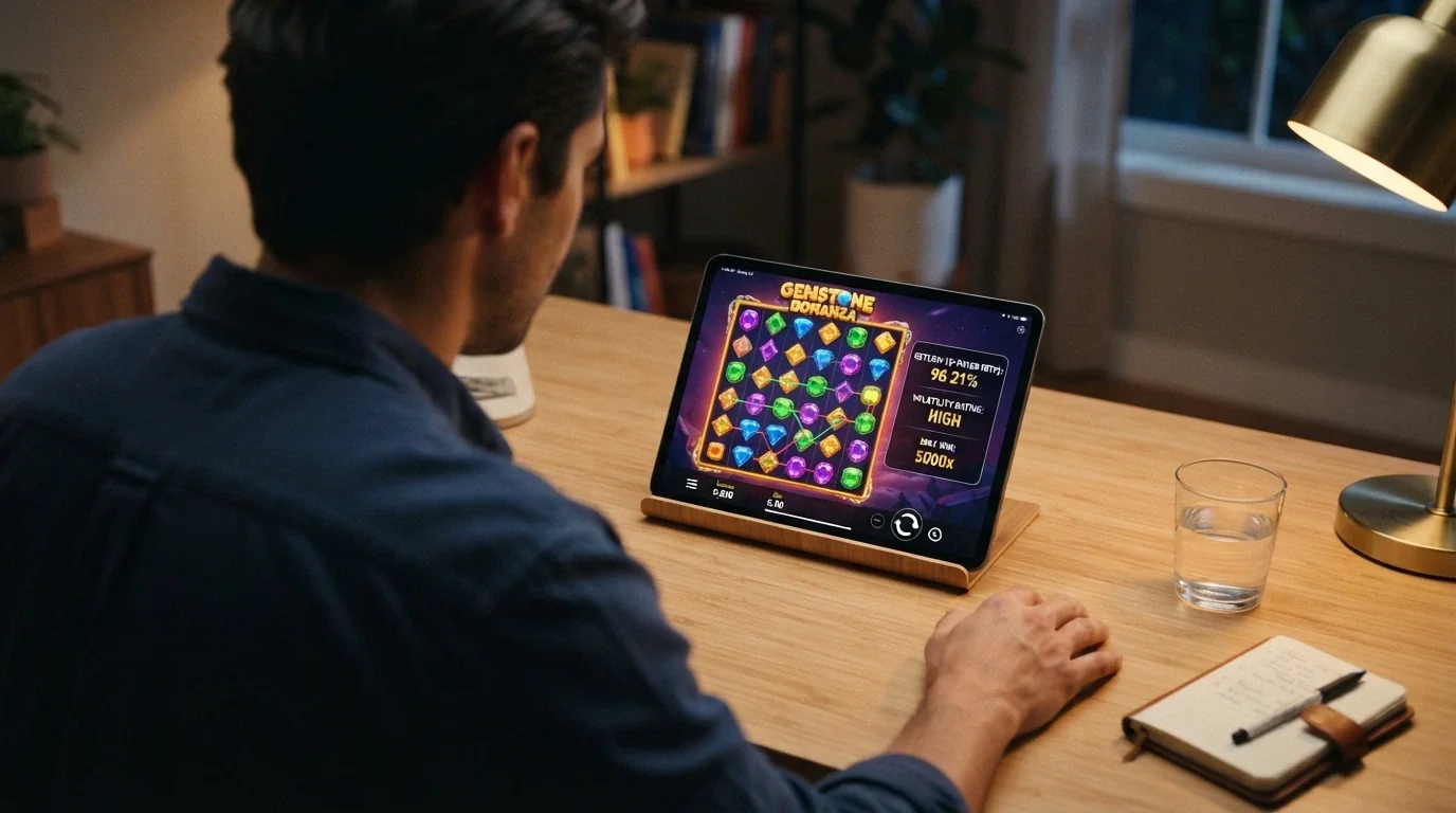 A player reviewing a 7-reel pokie in demo mode on a tablet with the RTP percentage and volatility rating visible on the game information screen