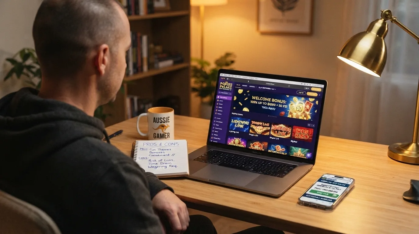 An Australian player at a desk with a laptop showing a casino site, a handwritten notepad with pros and cons, and a smartphone beside it displaying the Gambling Help Online homepage