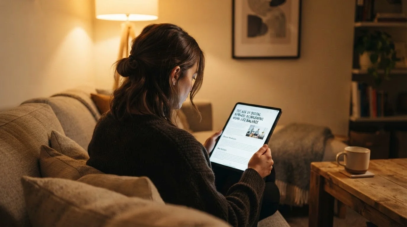Australian consumer reading casino information on a tablet with a thoughtful expression