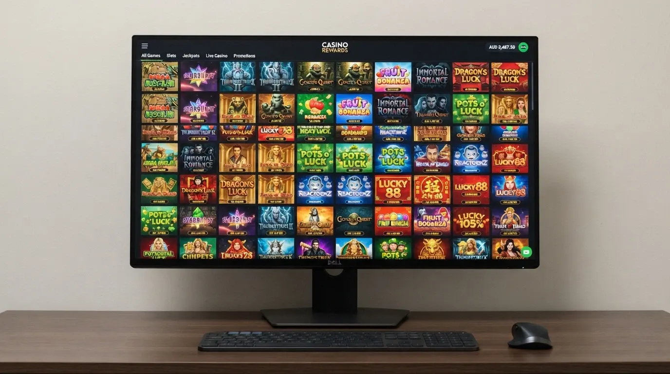 A desktop screen showing rows of colourful online pokies thumbnails in an international casino games lobby, with titles visible and an AUD balance in the corner