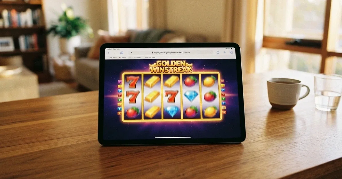 An iPad on a table displaying a colourful online casino game interface with pokie reels spinning in the Safari browser