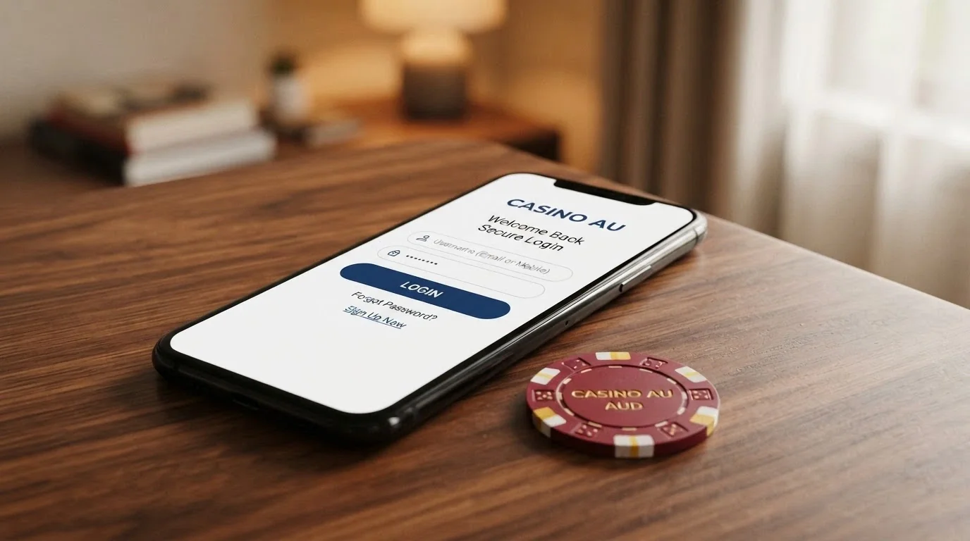 An Australian banknote and a smartphone side by side on a table, with a casino login screen visible