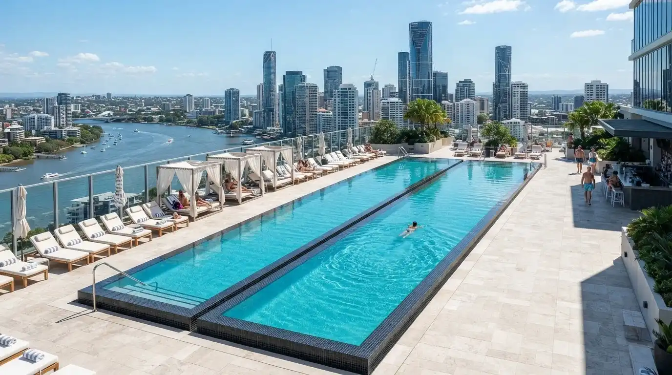 Three heated pools on the Isoletto Pool Club deck with cabanas and the Brisbane skyline beyond
