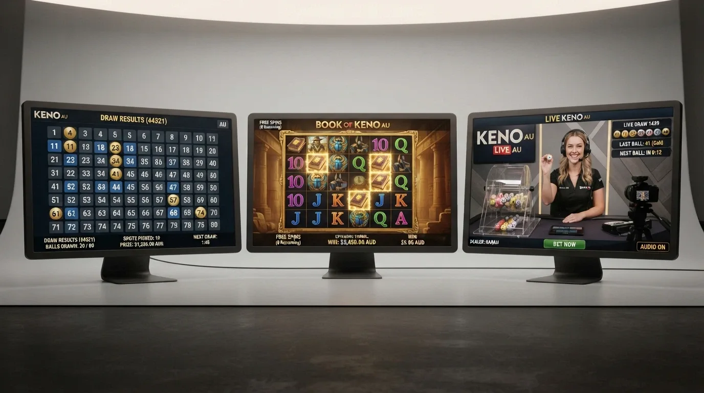 Three different keno game screens side by side — a classic 80-ball grid, a Book of Keno slot-style layout and a live-dealer studio feed