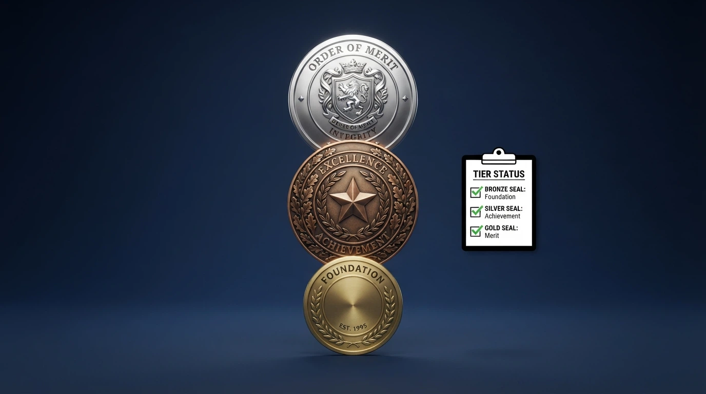 A tiered diagram showing three offshore licence seals — Curaçao eGaming at the bottom, Malta Gaming Authority in the middle, and Gibraltar and Isle of Man at the top — with a verification checklist beside them