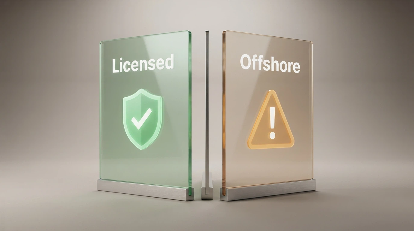 A two-column visual: left column shows five AU-licensed wagering logos with green ticks and “no casino bonus” markers, right column shows five offshore casino logos with amber warning icons and “no AU licence” markers
