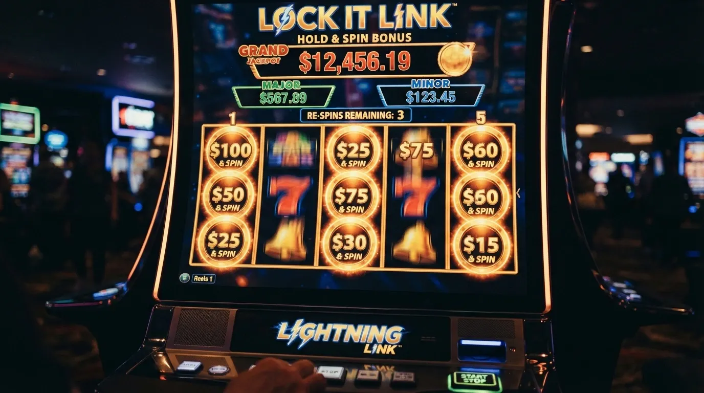 A close-up of a Hold-and-Spin bonus round on a pokies screen, with coins locking into place on the reels