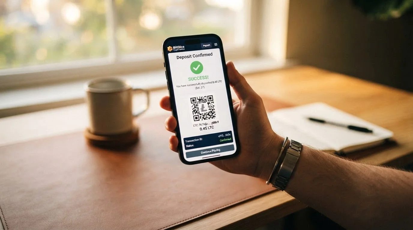 A step-by-step casino deposit flow showing LTC wallet address, QR code and confirmation screen