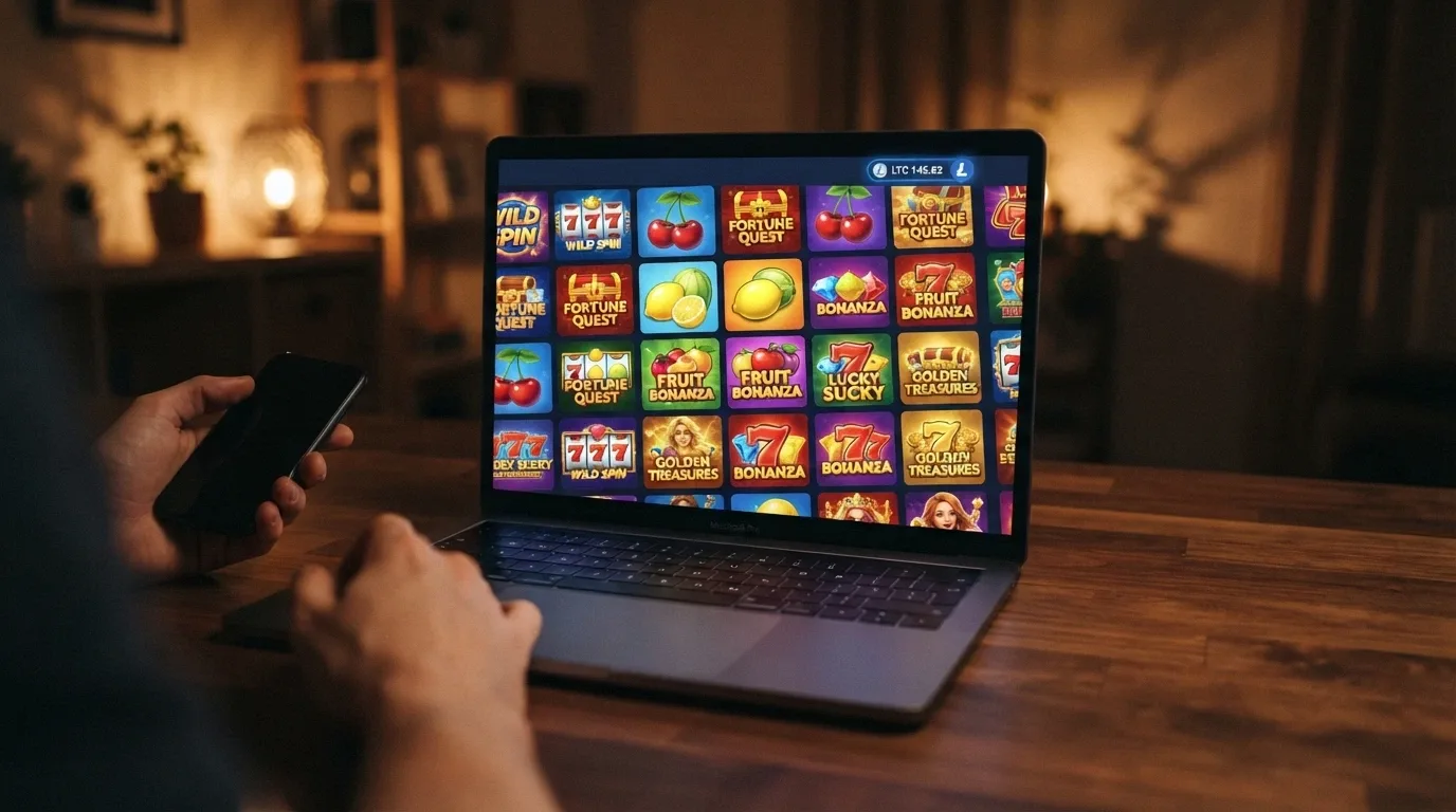 An online casino pokies lobby with game tiles from Pragmatic Play and BGaming and an LTC balance display