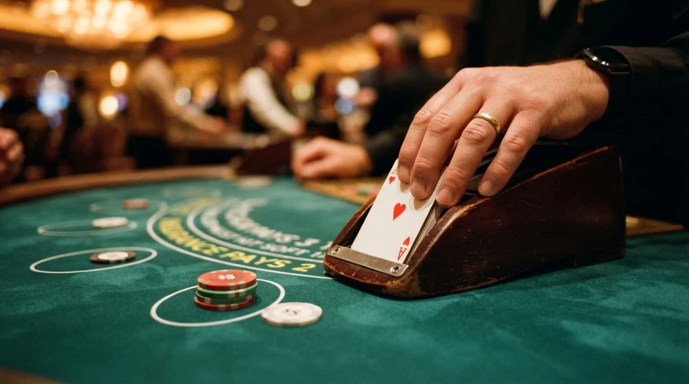 A close-up of a live blackjack table showing the dealer's hand, the shoe and the felt layout with betting spots marked, the game in progress