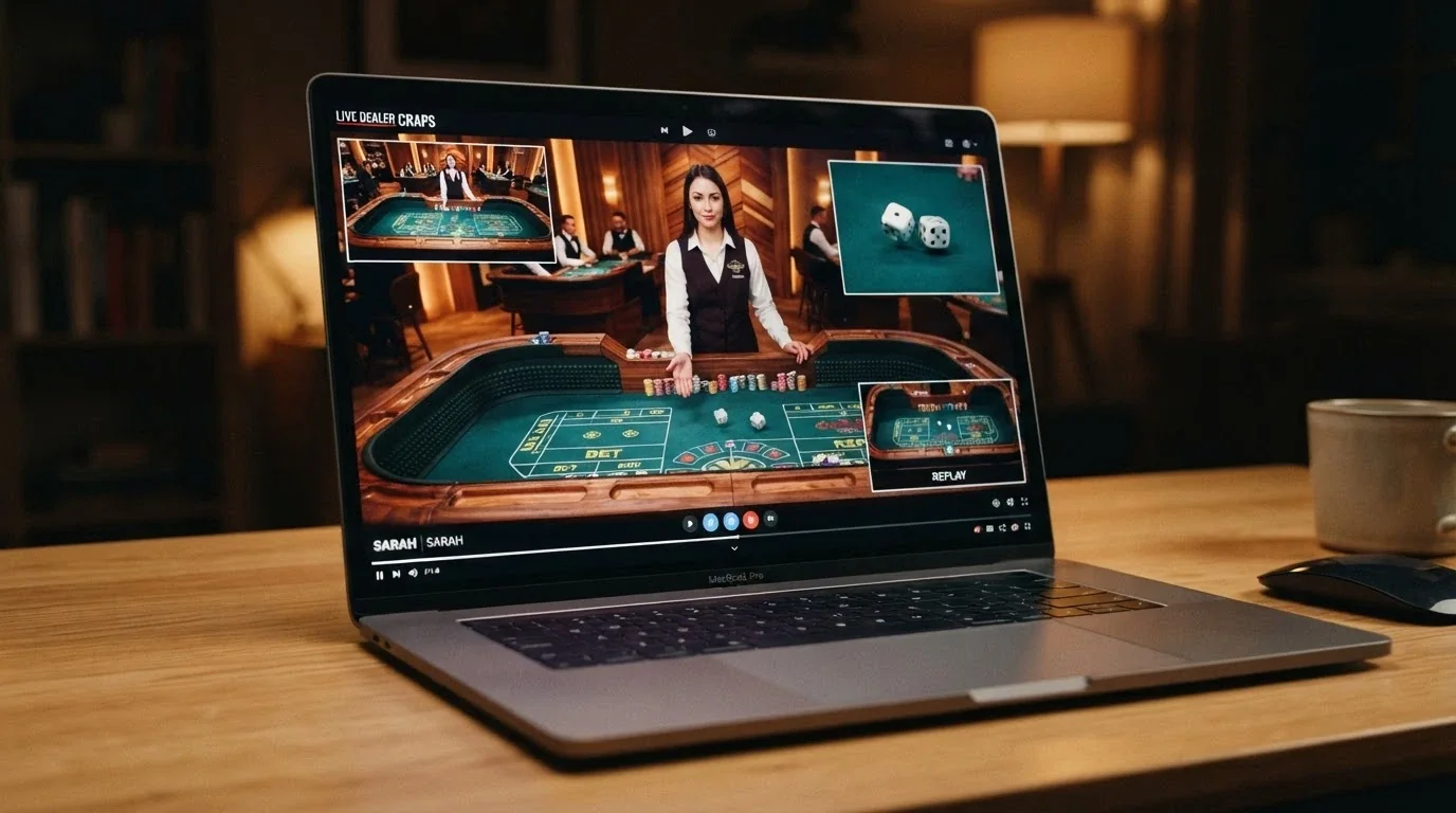 A live dealer craps studio setup with a human croupier standing behind a full-size craps table, multiple camera angles visible as on-screen overlays