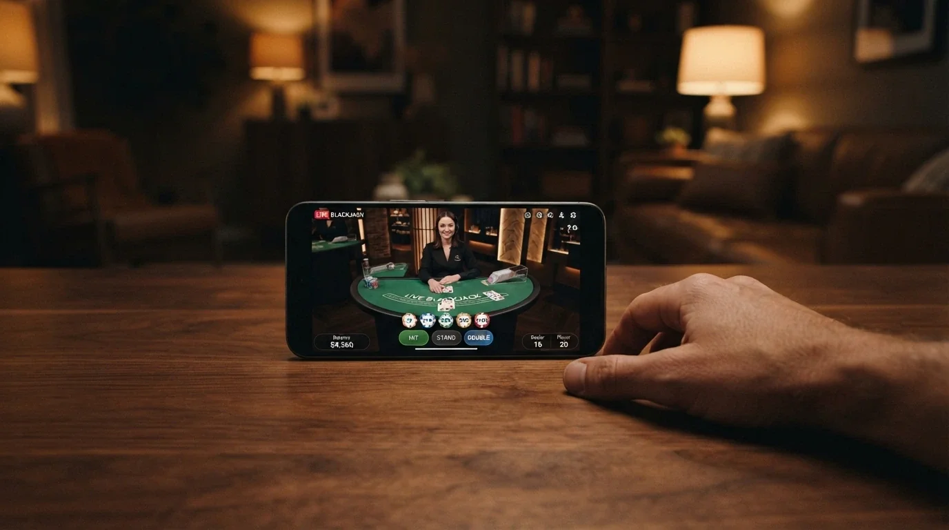 An Android phone held in landscape mode showing a live blackjack table with a real dealer and betting options on screen